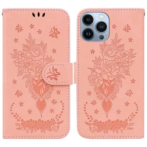 Estuche para Teléfono iPhone 15 Pro Max Butterfly Rose Cuero En Relieve (Rosa)