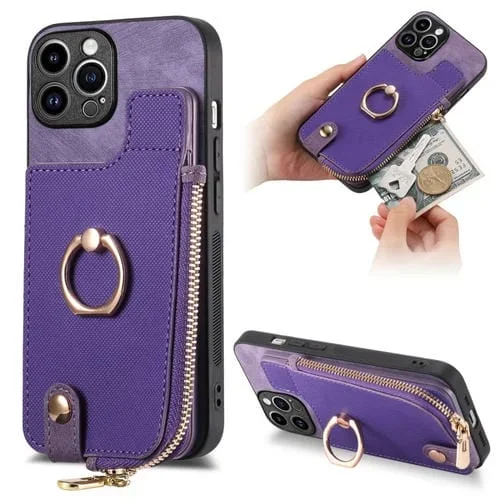 Estuche para teléfono iPhone 15 Pro Max con billetera, cremallera vertical y anillo de cuero cruzado (Púrpura)