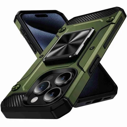 Estuche para Teléfono iPhone 15 Pro Max con Soporte de Metal a Prueba de Golpes (Verde Oliva)