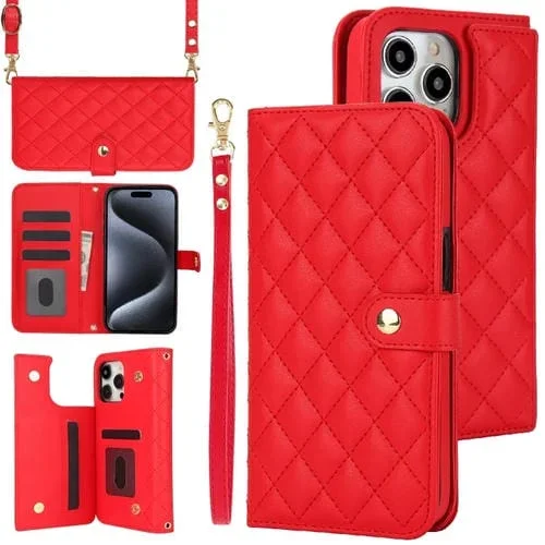 Estuche para Teléfono iPhone 15 Pro Max Crossbody Cuero Rómbico Multifunción (Rojo)