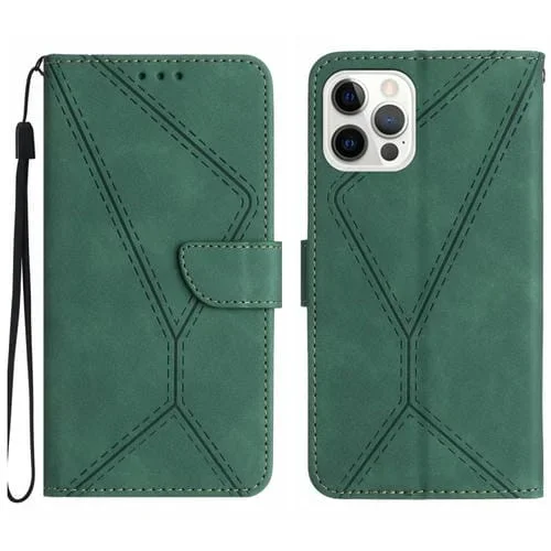 Estuche para Teléfono iPhone 15 Pro Max Cuero con Costuras en Relieve (Verde)