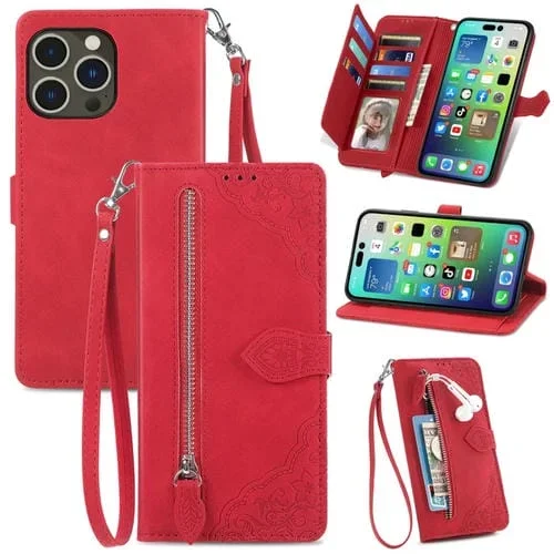 Estuche para Teléfono iPhone 15 Pro Max Cuero con Cremallera y Flor en Relieve (Rojo)