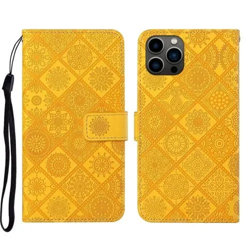Estuche para teléfono iPhone 15 Pro Max Cuero con patrón en relieve de estilo étnico (Amarillo)