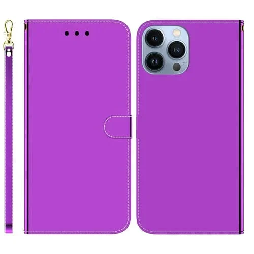 Estuche para Teléfono iPhone 15 Pro Max Cuero con Superficie de Espejo Imitado (Púrpura)
