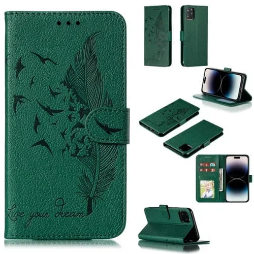Estuche para Teléfono iPhone 15 Pro Max Cuero Textura Litchi Patrón de Plumas (Verde)