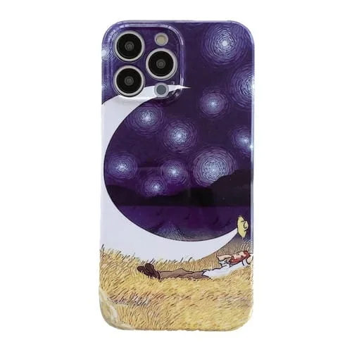 Estuche para teléfono iPhone 15 Pro Max PC brillante con patrón de pintura al óleo (Luna)