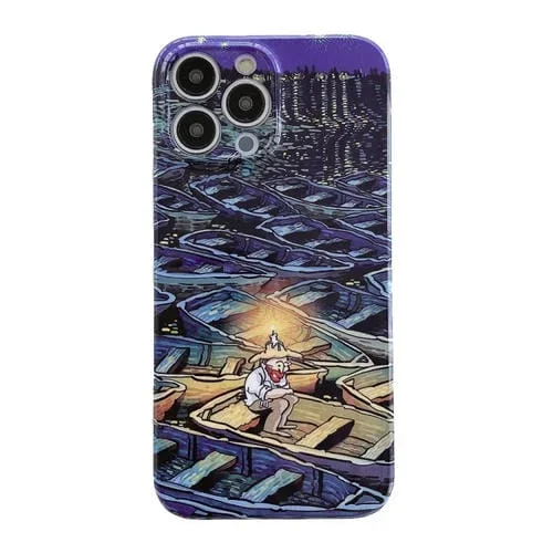 Estuche para Teléfono iPhone 15 Pro Max PC Brillante Patrón Pintura al Óleo (Barquero Solitario)