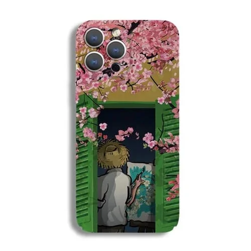 Estuche para teléfono iPhone 15 Pro patrón pintura al óleo con orificio preciso (Flor de Durazno)