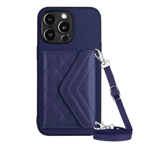 Estuche para Teléfono iPhone 15 Pro Rfid con Bolsa para Tarjetas Textura Rómbica y Cordón Largo (Púrpura Oscuro)