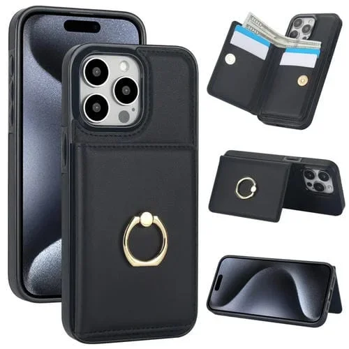Estuche para Teléfono iPhone 15 Pro Rfid Tarjeta Antirrobo con Soporte para Anillo (Negro)