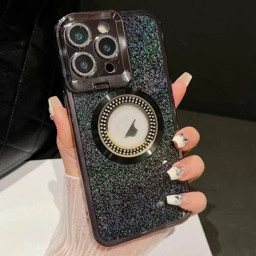 Estuche para Teléfono iPhone 15 Pro Starry Glitter Magsafe con Soporte para Lente (Negro)