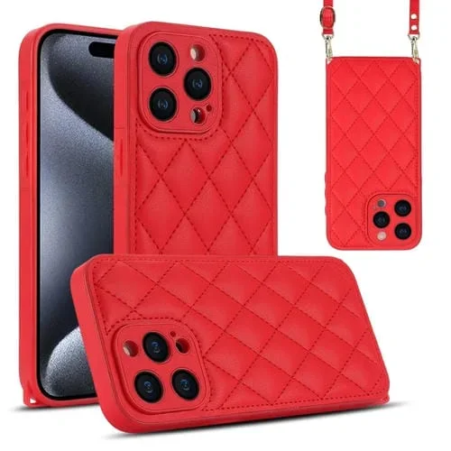 Estuche para Teléfono iPhone 15 Pro Textura Rómbica con Cordón Doble (Rojo)