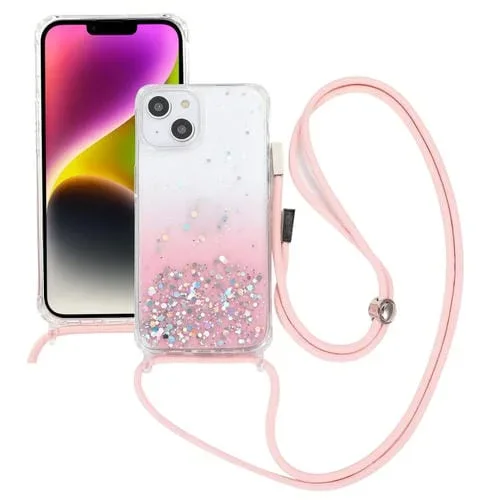 Estuche para teléfono iPhone 15 TPU Epoxi acrílico engrosado brillo degradado con cordón cuello redondo (Rosa)