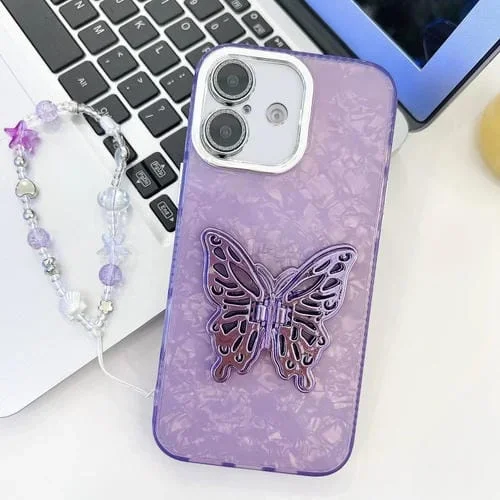 Estuche para Teléfono iPhone 16 con Pulsera Soporte Mariposa Textura Película Lente Brillante Revestimiento (Patrón Concha Púrpura)