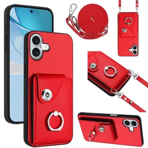 Estuche para Teléfono iPhone 16 Plus Soporte Tarjetas Anillo Cordón Largo (Rojo)
