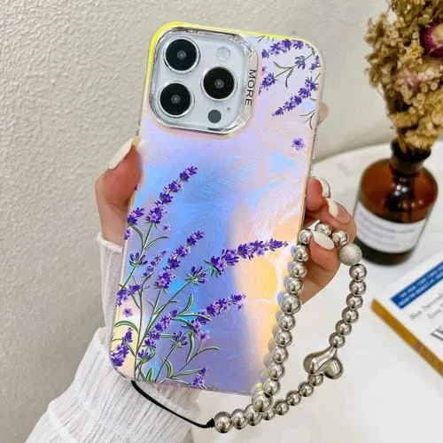 Estuche para Teléfono iPhone 16 Pro Flor Láser Galvanizada con Correa para Muñeca (Lavender)