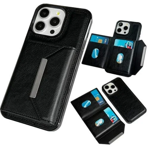 Estuche para Teléfono iPhone 16 Pro Max Ranuras para Tarjetas Hebilla Metal (Negro)