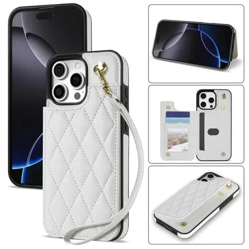 Estuche para Teléfono iPhone 16 Pro Ranuras para Tarjetas Hebilla Doble Rombal Cordón (Blanco)