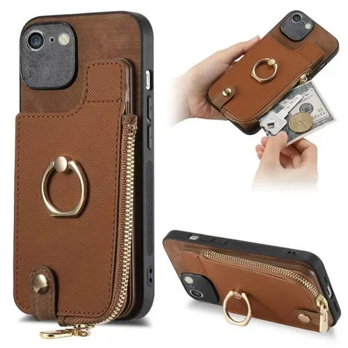 Estuche para Teléfono iPhone 6/6S con Billetera, Cremallera Vertical y Anillo de Cuero Cruzado (Marrón)