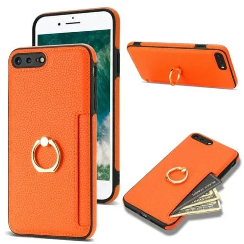 Estuche para teléfono iPhone 8 Plus/7 Plus con parte Trasera de cuero Litchi y tarjeta de anillo (Naranja)