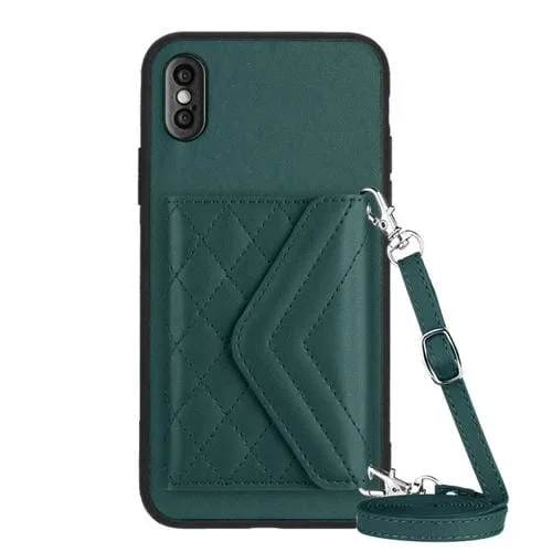 Estuche para Teléfono iPhone Xs Max con Protección Rfid Bolsa para Tarjetas Textura Rómbica Cordón Largo (Verde)