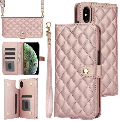 Estuche para Teléfono iPhone Xs Max Crossbody de Cuero Rómbico Multifunción (Oro Rosa)