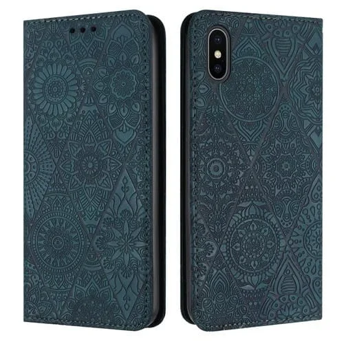 Estuche para teléfono iPhone Xs Max cuero adsorción en relieve étnico (Azul)
