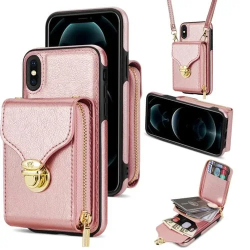 Estuche para Teléfono iPhone Xs / X con Billetera y Tarjeta de Hardware con Cremallera (Oro Rosa)