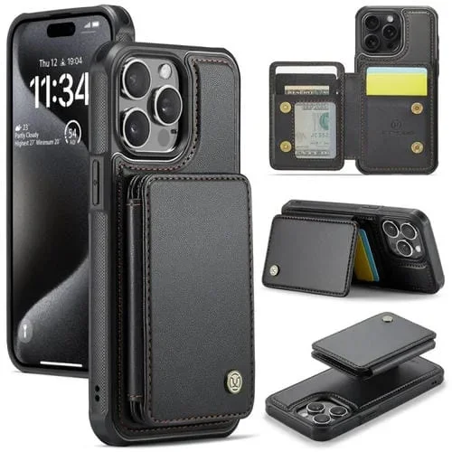 Estuche para teléfono Jeehood J05 para iPhone 15 Pro Max con cuero, Rfid y estilo magnético empresarial (Negro)