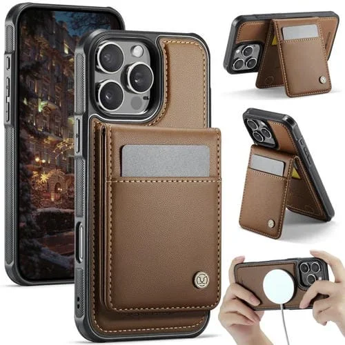 Estuche para teléfono Jeehood J06 con tarjetero RFID Magsafe para iPhone 15 Pro (Marrón)
