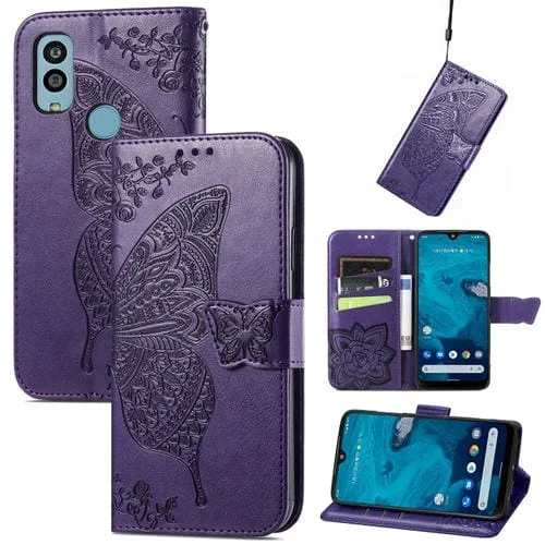 Estuche para Teléfono Kyocera Android One S10 Butterfly Love Flower Cuero En Relieve (Púrpura)