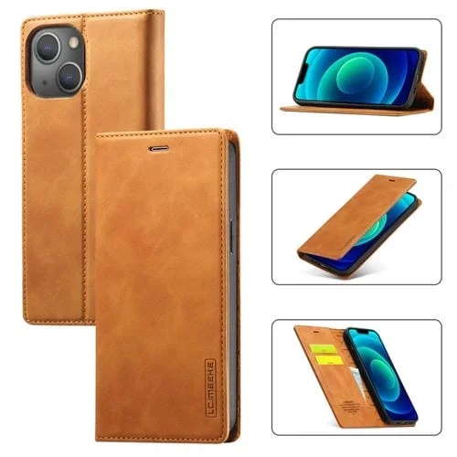 Estuche para Teléfono Lc.Imeeke iPhone 14 Cuero Magnético con Soporte y Ranuras para Tarjetas (Marrón)