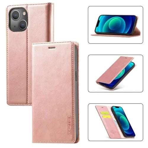 Estuche para Teléfono Lc.Imeeke iPhone 14 Cuero Magnético con Soporte y Ranuras para Tarjetas (Oro Rosa)
