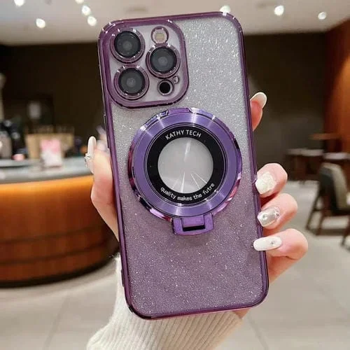 Estuche para teléfono Magsafe con soporte galvanizado y purpurina degradada para iPhone 16 Plus (Morado)