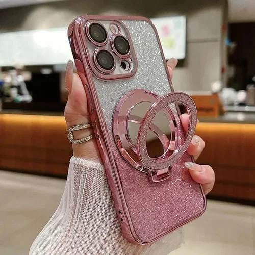 Estuche para Teléfono Magsafe iPhone 16 Pro Soporte Espejo Chapado Purpurina Degradada (Rosa)