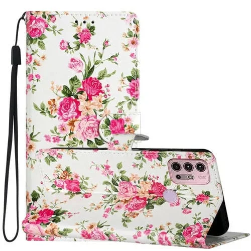 Estuche para Teléfono Motorola Moto G10 / G30 de Cuero con Dibujo a Color (Peonías)