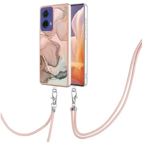 Estuche para Teléfono Motorola Moto G85 con IMD Doble Cara y Galvanoplastia Mármol con Cordón (Oro Rosa)