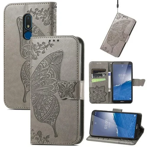 Estuche para Teléfono Nokia C3 Butterfly Love Flower de Cuero en Relieve (Gris)