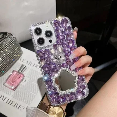 Estuche para Teléfono PC Hecho a Mano Forma Conejito Espejo Diamante iPhone 16 Pro (Flor Morada)