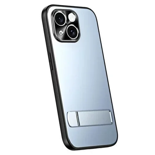 Estuche para teléfono R-Just RJ-61 para iPhone 15 Plus TPU + PC esmerilado con galvanoplastia y soporte (Azul)