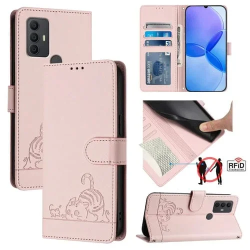 Estuche para Teléfono TCL 305/306 CAT Rat Cuero Rfid Patrón en Relieve con Cordón (Rosa)