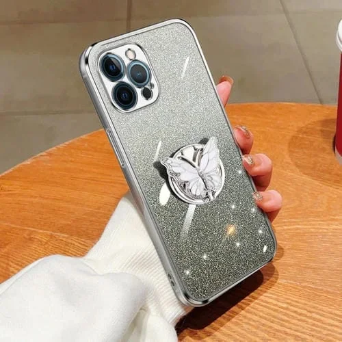 Estuche para teléfono TPU iPhone 12 Pro soporte mariposa brillo degradado (Plateado)