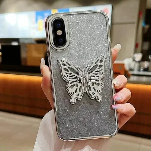 Estuche para Teléfono TPU iPhone X Xs Mariposa 3D Brillo Degradado Galvanizado (Plateado Degradado)