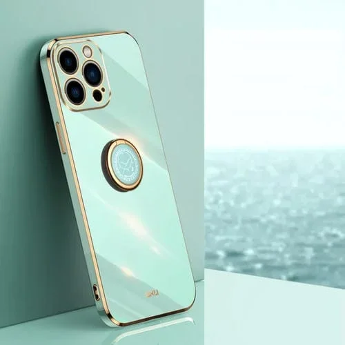 Estuche para Teléfono Xinli iPhone 15 Pro Max TPU Electrochapado 6D Borde Recto Soporte para Anillo (Verde Menta)