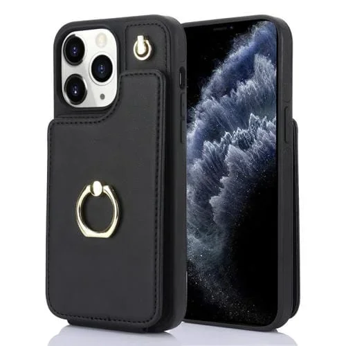 Estuche para teléfono Ym005 para iPhone 11 Pro Max con bolsa para tarjetas y cordón largo (Negro)
