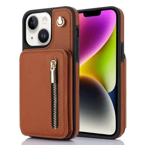 Estuche para Teléfono Ym006 para iPhone 14 con Bolsa para Tarjetas Cremallera y Cordón Doble (Marrón)