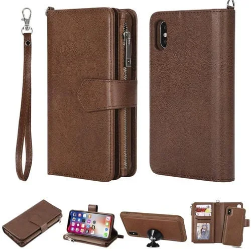 Estuche Protector 2 En 1 para iPhone X Xs con Cremallera Ranuras para Tarjetas Soporte y Billetera (Marrón)