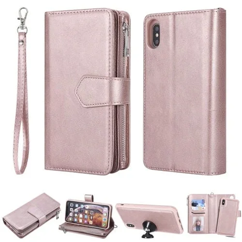 Estuche protector 2 en 1 para iPhone Xs Max con cremallera, ranuras para tarjetas, soporte y función billetera (Oro Rosa)