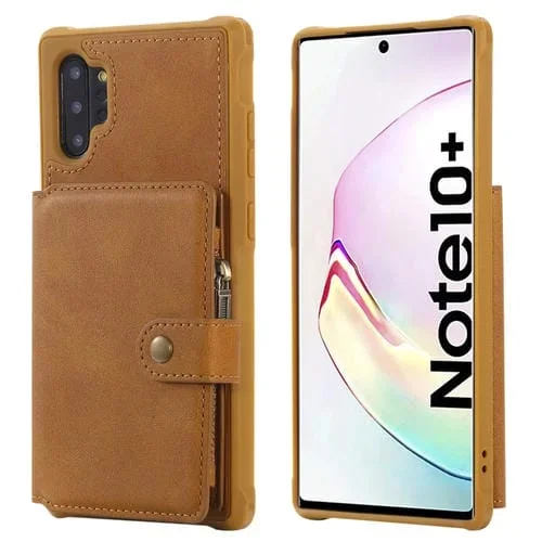 Estuche Protector Galaxy Note 10 Plus con Cremallera Ranuras para Tarjetas Soporte y Billetera (Marrón)