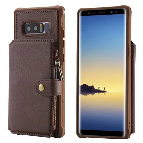 Estuche Protector Galaxy Note 8 con Cremallera Ranuras Tarjetas Soporte Fotos Billetera (Café)